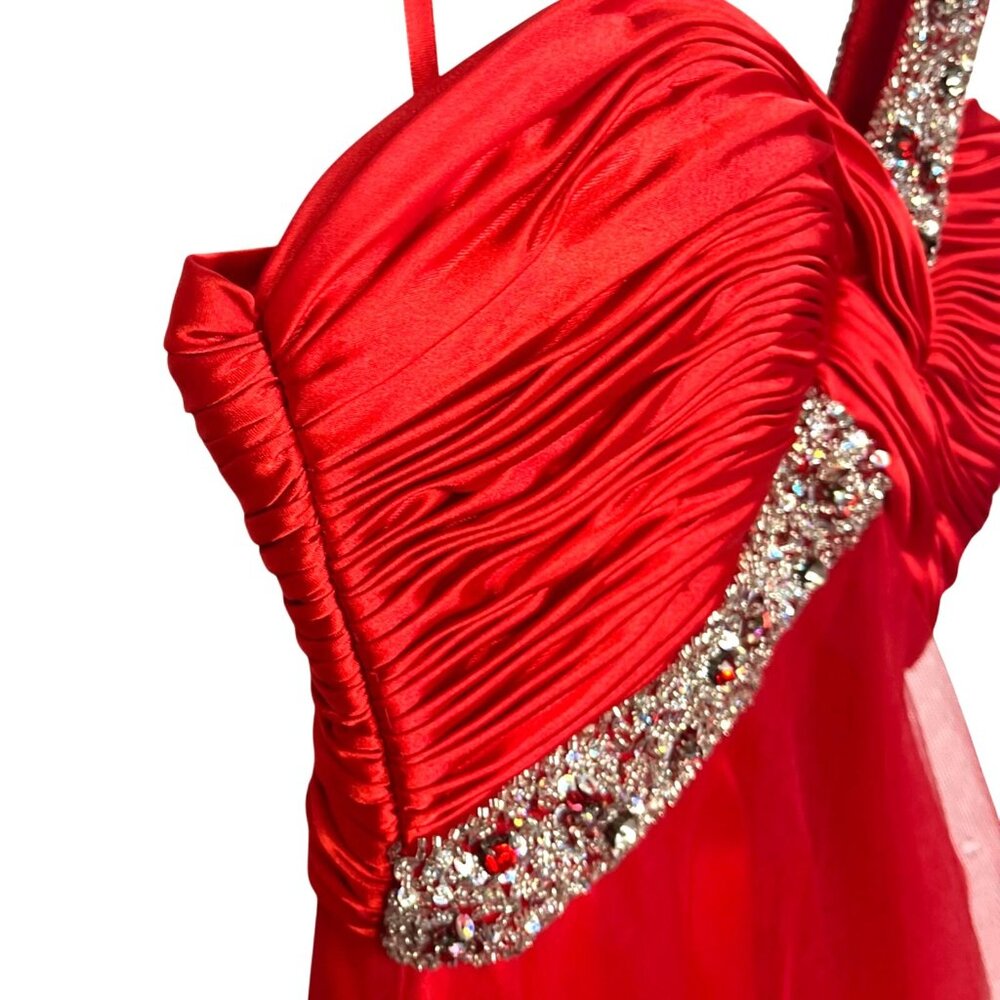 Red Satin & Tulle One-Shoulder Dress W/ Rhinestone Strap & Ruched Bodice Short S - Picture 10 of 12